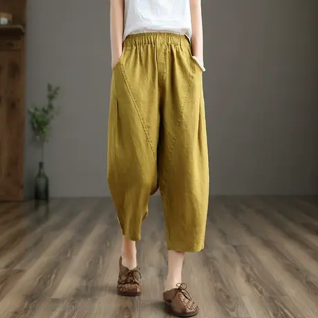dza 亚麻女裤2022春夏新款棉麻裤子宽松阔腿裤休闲九分裤薄款麻裤图片