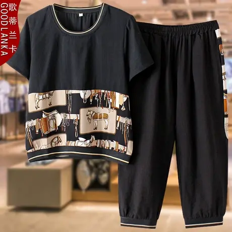 中年妈妈时尚运动套装夏季 八分裤加肥加大码短袖印花上衣两件套商品大图