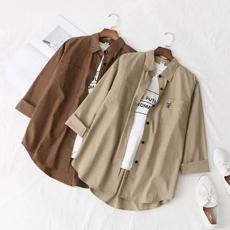 2020夏季新款韩版BF男朋友风猫咪刺绣长袖衬衫女宽松打底衬衣外套图片