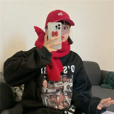 红续美式复古oversize高街加绒卫衣女小众宽松加厚嘻哈ins潮外套商品大图