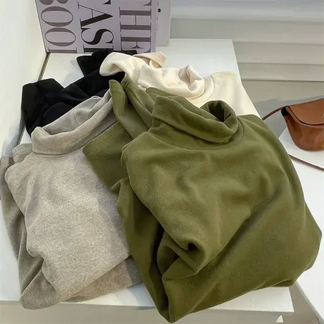 澳绒加厚保暖高领长袖打底衫女复古军绿显瘦纯色暖暖上衣秋冬打底商品大图