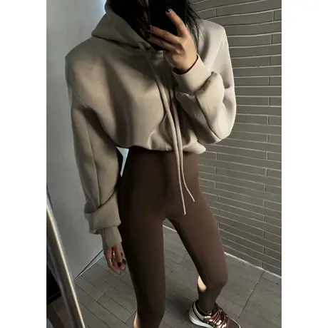 20223秋季新款韩版纯色抽绳连帽设计感百搭短款休闲卫衣女商品大图