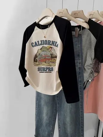 秋季2023新款女装大码薄款长袖t恤ins潮修身上衣插肩袖内搭打底衫商品大图