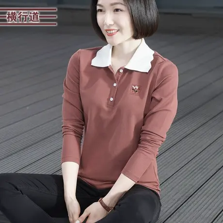 翻领撞色绣花长袖纯色简约韩版妈妈刺绣大码女衣2024新款春装T恤商品大图