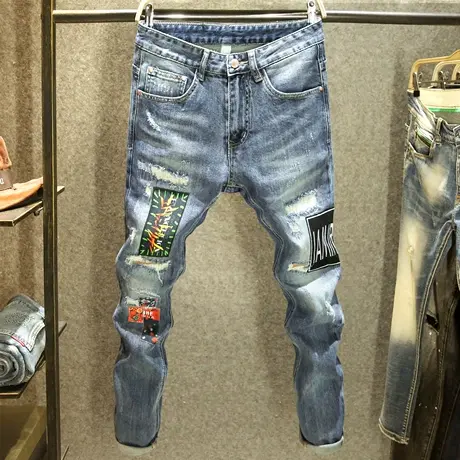 破洞刮烂补丁男士牛仔裤修身小脚裤潮牌个性图案拼接美式痞帅长裤商品大图
