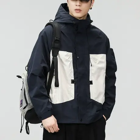 设计感冬季撞色连帽长袖冲锋衣外套秋冬款男士高级感美式防风夹克商品大图