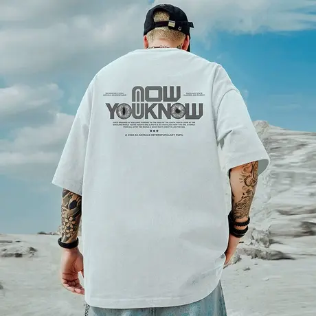 300g重磅美式字母印花短袖t恤街头大码白色圆领纯棉简约半袖夏季商品大图