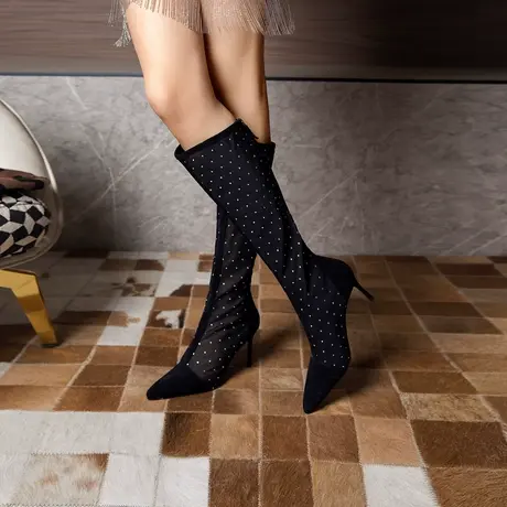 熙漫2023春季新款性感凉靴时尚镂空水钻高跟女鞋百搭尖头细跟网靴商品大图