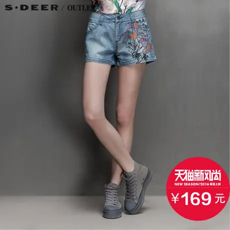 s.deer圣迪奥专柜正品插画风彩线凸绣牛仔短裤S15280985商品大图
