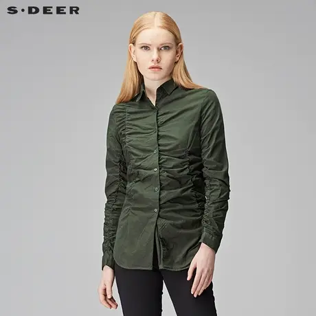 sdeer圣迪奥2018秋装简约纯色褶裥淑女翻领修身潮衬衫女S17380568图片