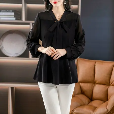 伊自尚2024新款韩版胖mm大码女装春季时尚显瘦系带设计感衬衫上衣商品大图