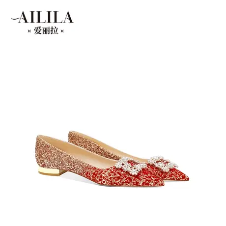 爱丽拉平底秀禾结婚鞋女2024新款春季水晶新娘鞋红色不累脚高级感商品大图
