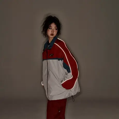 YEP复古拼接外套女春装2024新款街头潮牌运动风oversize夹克上衣商品大图