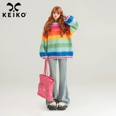 KEIKO 彩虹撞色条纹毛衣女冬季多巴胺穿搭软糯宽松显瘦针织衫新年图片