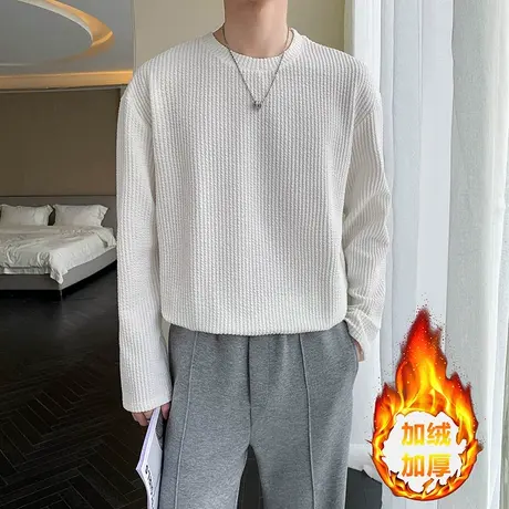 冬款长袖保暖针织T恤衫潮牌ins纯色条纹休闲加绒加厚圆领内搭上衣商品大图