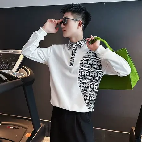 男士卫衣春秋季潮牌个性花色拼接长袖T恤高级感发型师上衣POLO衫商品大图