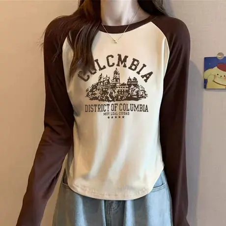 美式复古长袖t恤女2023秋季圆领设计感小众正肩内搭显瘦长袖上衣商品大图