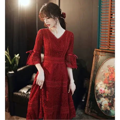 敬酒服酒红色平时可穿订婚连衣裙新娘礼服女便装蕾丝小个子夏季商品大图