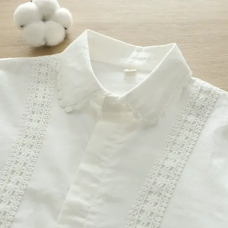 春秋文艺小清新蕾丝花边娃娃领纯棉长袖白衬衫女学生百搭打底上衣商品大图