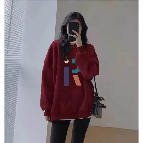 美式复古外套oversize大码冬季加绒卫衣女ins潮牌加厚闺蜜装上衣商品大图