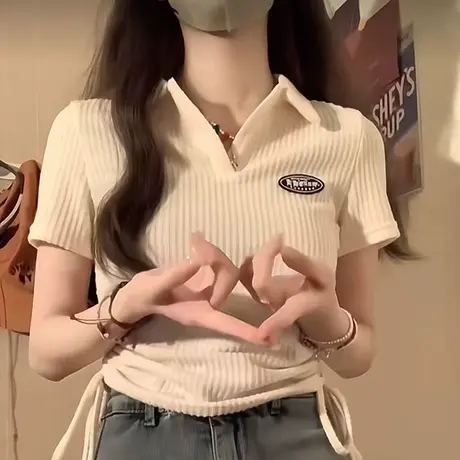 polo领短袖t恤女正肩修身夏季小众设计感别致欧美辣妹风短款上衣商品大图