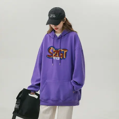 设计感原创字母紫色卫衣女秋冬加绒加厚ins潮牌国潮宽松大码外套图片