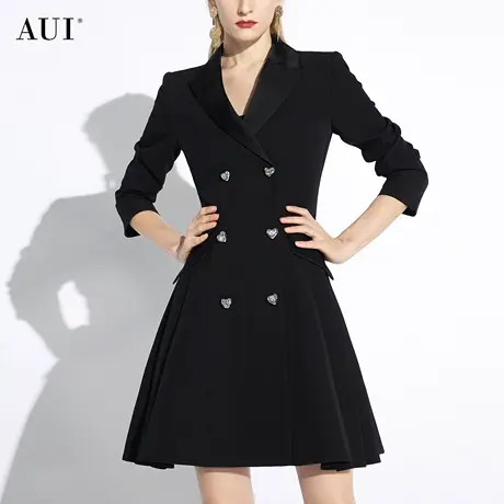 AUI黑色职业气质修身显瘦西装外套女2024春新款设计感百褶西服裙图片