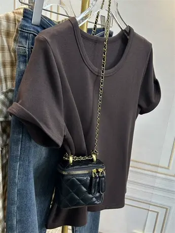 正肩显瘦大领口短袖女百搭加绒加厚内搭打底韩版时尚半袖t恤春秋商品大图