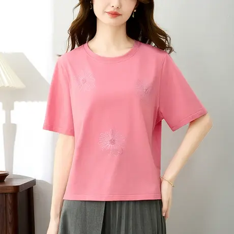 短款纯棉t恤女夏装2024年新款优雅时尚宽松上衣精致钉珠短袖体恤商品大图