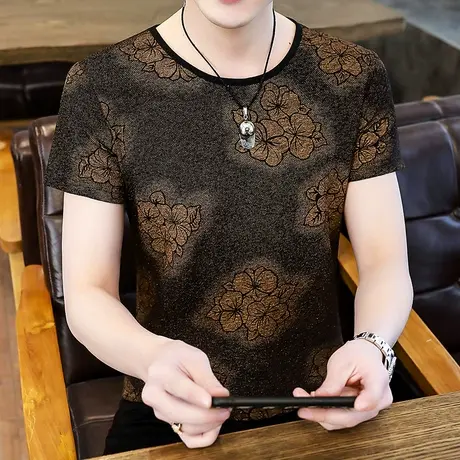 ins短袖t恤男士港风印花V领体恤半袖简约百搭潮牌五分上衣打底衫商品大图