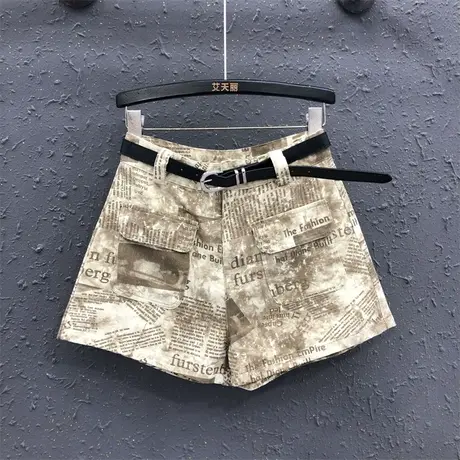 韩版阔腿裤女2024春夏新款卡其色字母印花设计感宽松百搭牛仔短裤图片