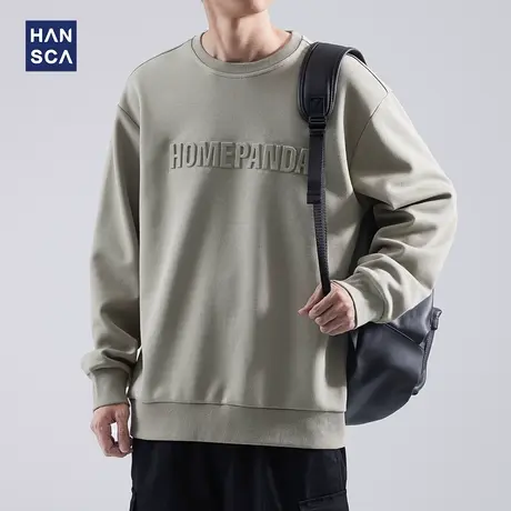 hansca美式加绒卫衣男秋冬款2023新款潮牌圆领宽松重磅长袖上衣男商品大图