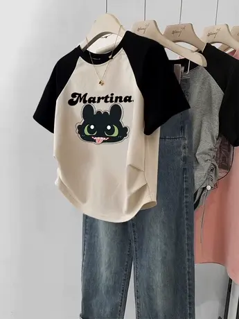 夏季胖mm大码t恤女短款修身甜酷撞色插肩短袖ins潮牌时尚洋气上衣图片