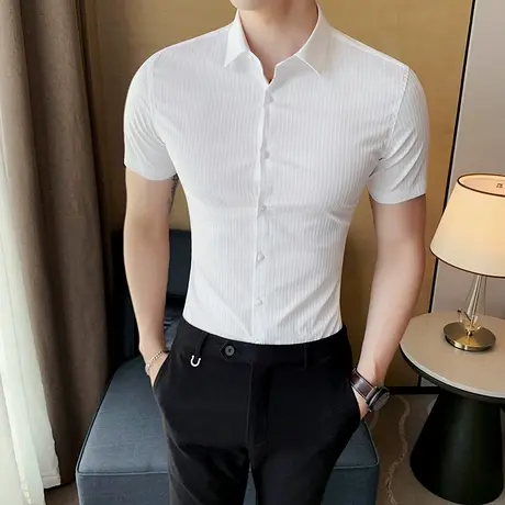 高端短袖衬衫男士夏季商务休闲轻熟风男装免烫时尚半袖黑白色衬衣商品大图