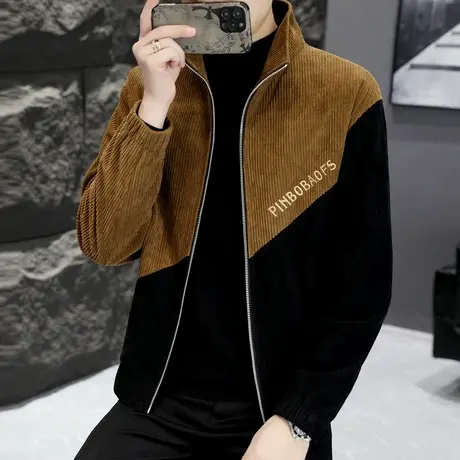春秋季男士外套潮流立领帅气青年拼色刺绣男装高端灯芯绒夹克上衣商品大图