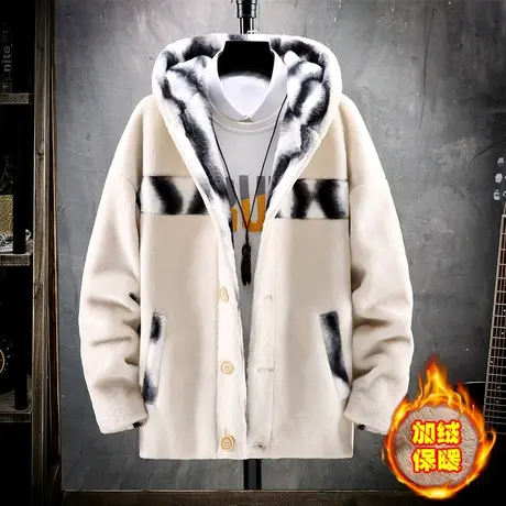 皮草外套男加绒加厚棉服羊羔毛绒情侣款保暖连帽棉衣潮冬装棉袄子商品大图