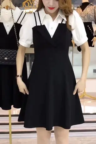 长袖连衣裙女2022春秋季拼接气质收腰修身小个子假两件显瘦打底裙图片