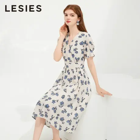 LESIES蓝色倾情夏装新款女装印花V领短袖交叉设计收腰短袖连衣裙图片