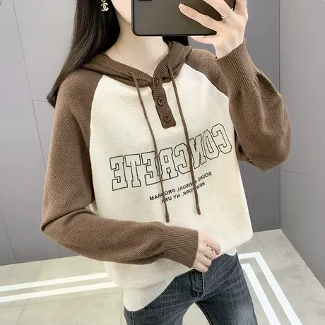 连帽卫衣女秋冬季2023年新款女慵懒风百搭字母针织衫插肩袖帽子衫图片