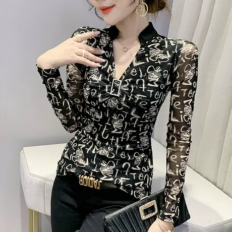2023春秋新款时尚印花T恤性感V领网纱上衣紧身内搭打底衫女长袖潮商品大图