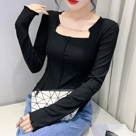 网红性感纯欲T恤女长袖春秋新款设计感小众项链上衣紧身打底衫潮商品大图