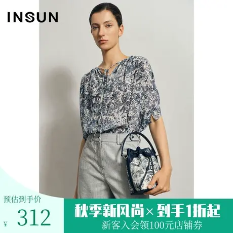 恩裳夏季经典时尚通勤减龄绑带印花桑蚕丝真丝雪纺衫图片