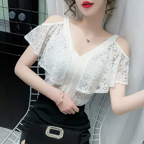 性感露肩蕾丝衫女夏装小众设计感洋气上衣荷叶边显瘦短袖T恤女潮图片