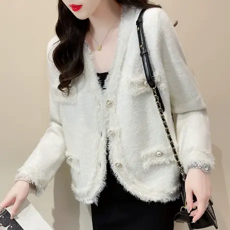 水貂绒2023年秋冬小香风外套针织开衫女士爆款长袖流苏短款外搭女商品大图