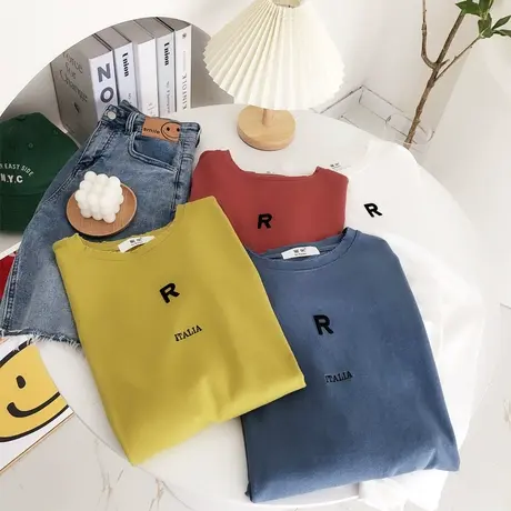 2022春夏新款上衣韩国东大门ins简约英文字母宽松半袖T恤打底包臀商品大图