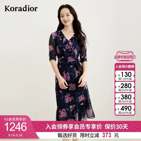 珂莱蒂尔新款黑色复古印花连衣裙女中长款法式优雅修身气质裙子女图片