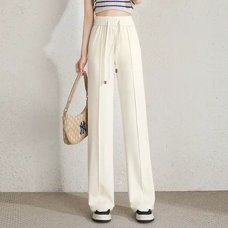 松紧腰系带直筒裤时尚百搭黑色长裤女2023夏季新款显瘦窄版阔腿裤商品大图