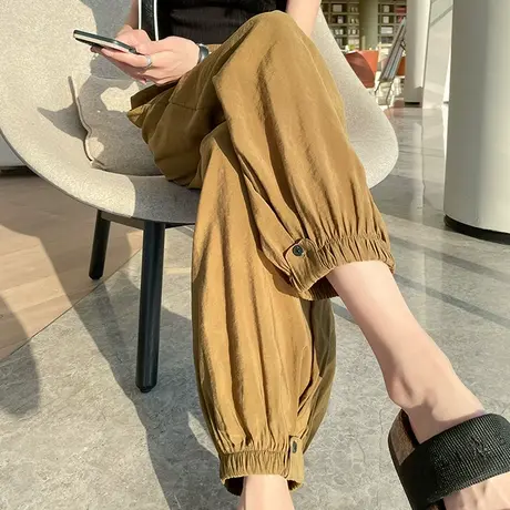 醋酸裤子女春秋新款高腰大码宽松显瘦九分咸菜色铜氨丝休闲灯笼裤图片