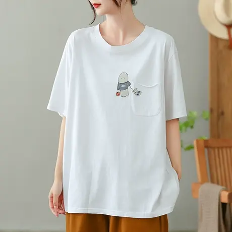 dza白色纯棉短袖T恤女2023夏季薄款圆领打底体恤宽松显瘦套头上衣商品大图