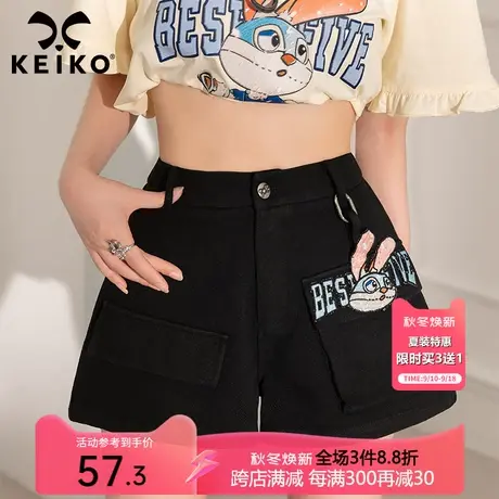 KEIKO 酷感黑色高腰牛仔裤夏季美式复古辣妹兔子绣花显瘦短裤子商品大图